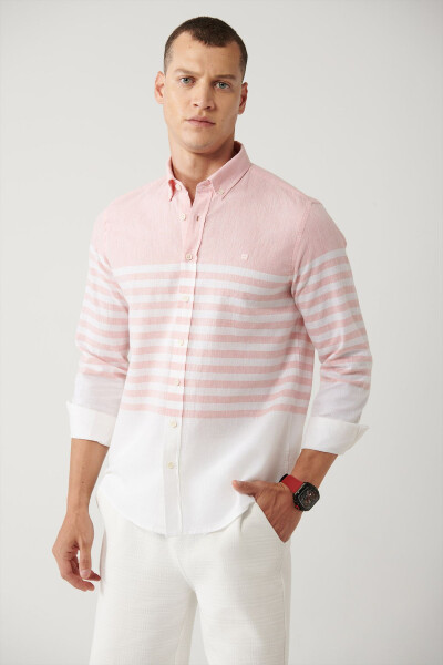 Men's Light Pink Button-Down Collar Stripe Slim Fit Shirt A41y2190 - 7