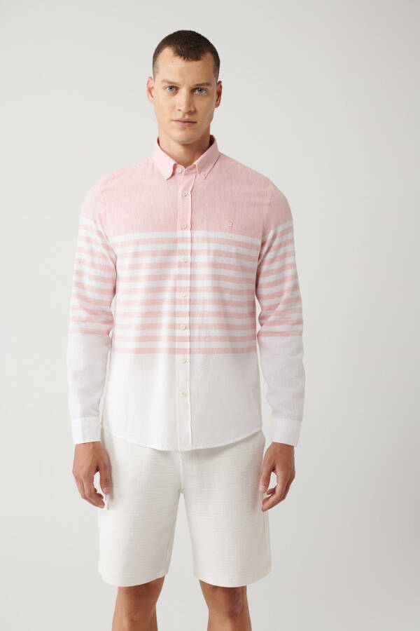 Men's Light Pink Button-Down Collar Stripe Slim Fit Shirt A41y2190 - 9