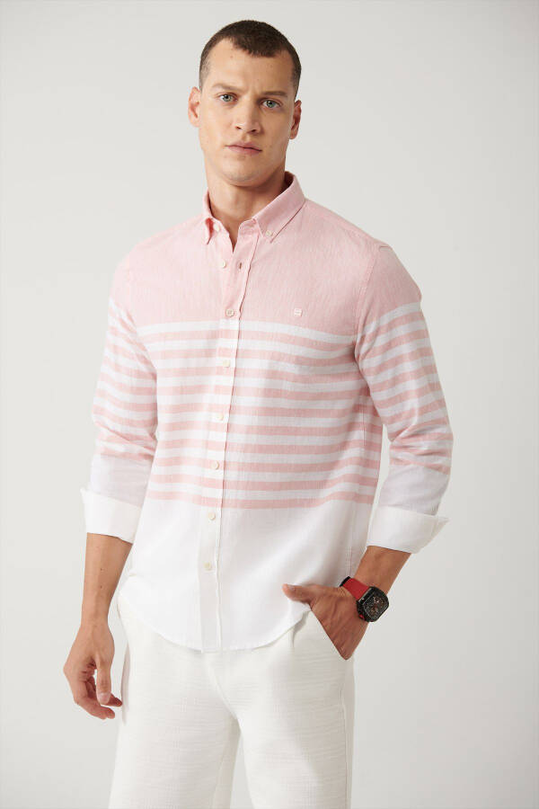 Men's Light Pink Button-Down Collar Stripe Slim Fit Shirt A41y2190 - 1