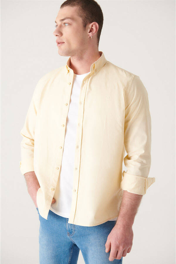 Men's Light Yellow Oxford Shirt 100% Cotton Button Down Collar Regular Fit B002003 - 6