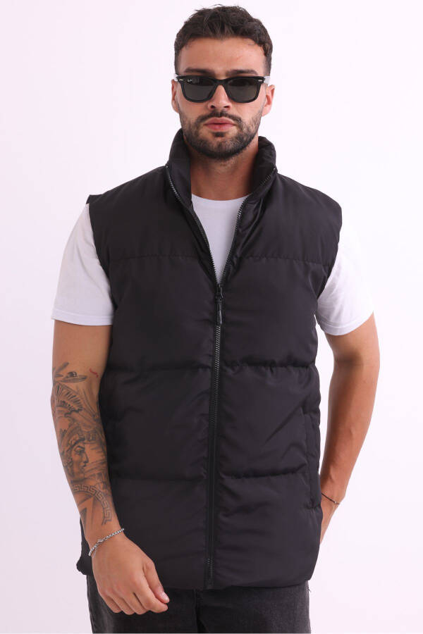 Men's Lined Windproof Black Puffer Vest - 1