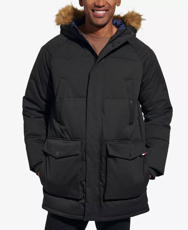 Men's Long Quilted Parka with Removable Faux-Fur Trim Black - 1