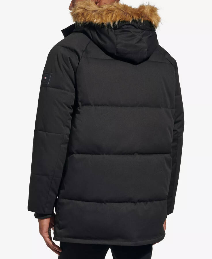 Men's Long Quilted Parka with Removable Faux-Fur Trim Black - 2