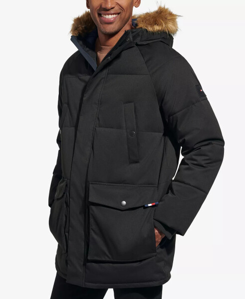 Men's Long Quilted Parka with Removable Faux-Fur Trim Black - 3