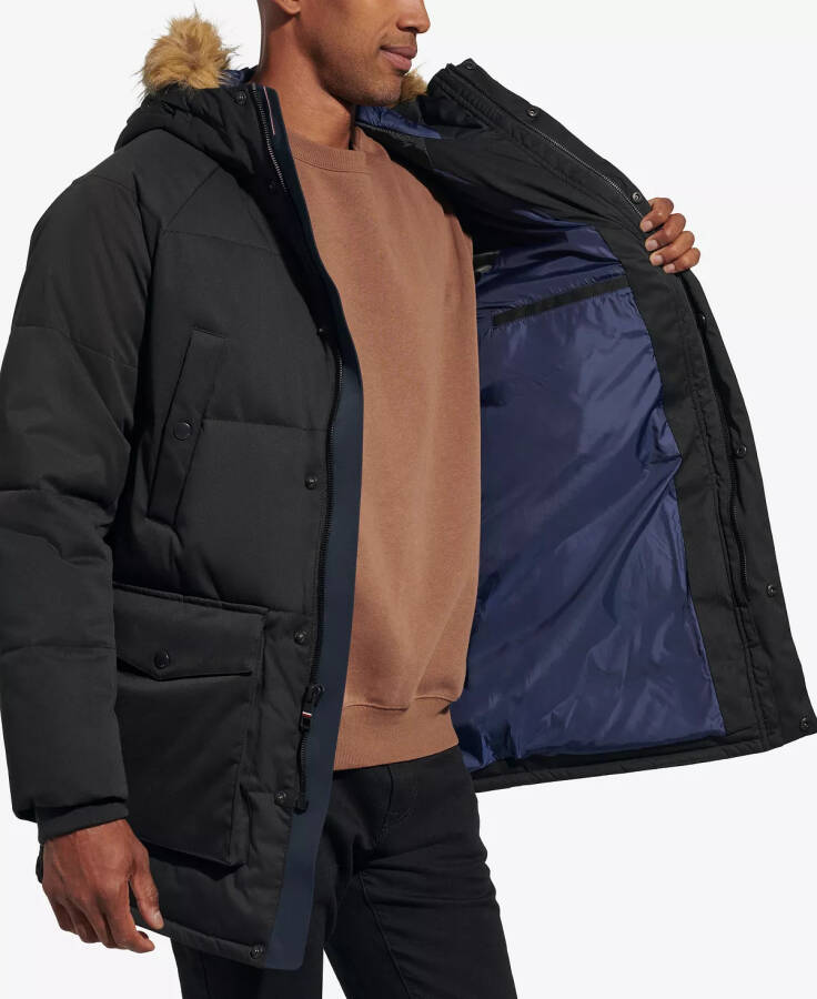 Men's Long Quilted Parka with Removable Faux-Fur Trim Black - 4