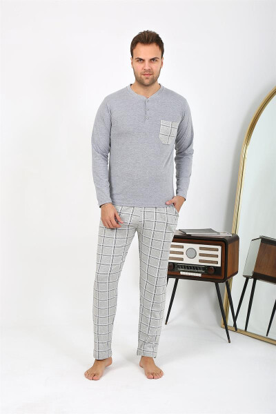 Men's Long Sleeve Grey Cotton Pajama Set - 8