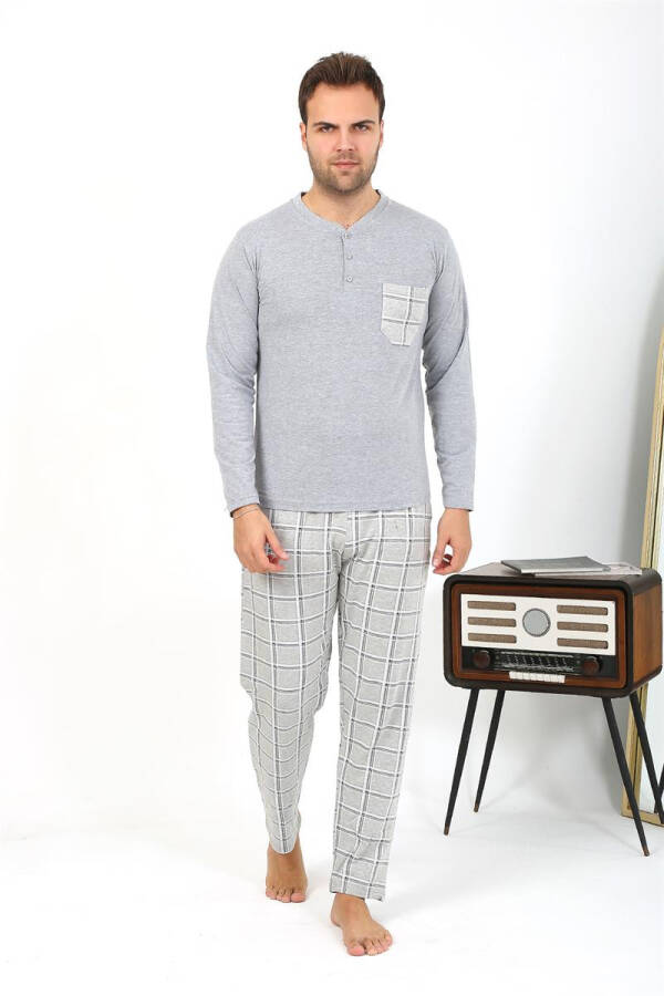 Men's Long Sleeve Grey Cotton Pajama Set - 9