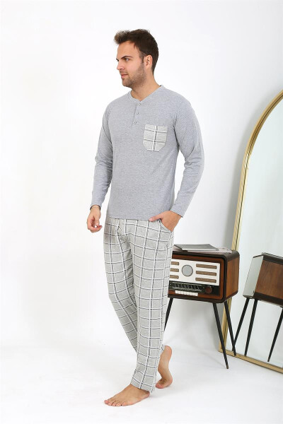 Men's Long Sleeve Grey Cotton Pajama Set - 10