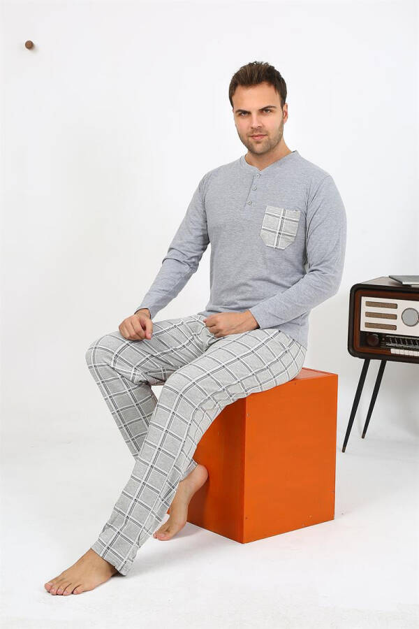 Men's Long Sleeve Grey Cotton Pajama Set - 12