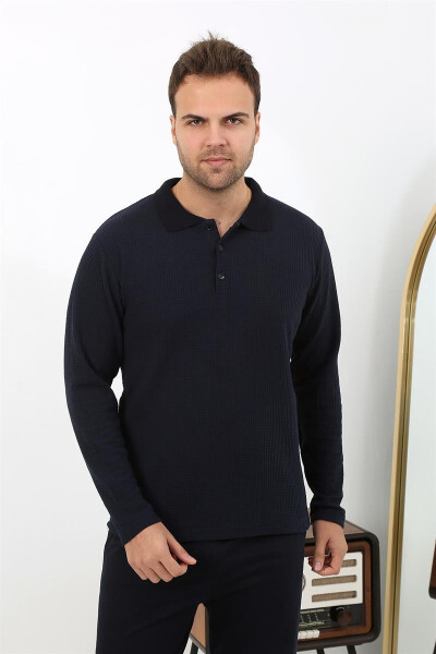 Men's Long Sleeve Polo Neck Cotton Pajama Set 6862 Navy - 7