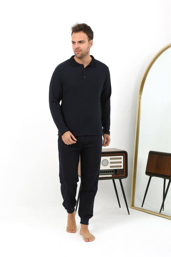 Men's Long Sleeve Polo Neck Cotton Pajama Set 6862 Navy - 8