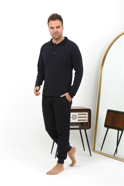 Men's Long Sleeve Polo Neck Cotton Pajama Set 6862 Navy - 10