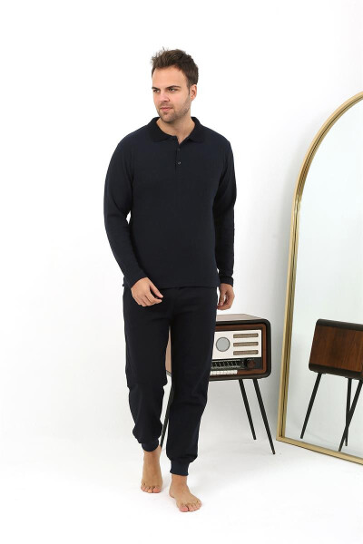 Men's Long Sleeve Polo Neck Cotton Pajama Set 6862 Navy - 2