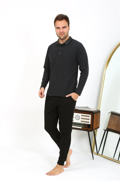 Men's Long Sleeve Polo Neck Cotton Pajama Set (Anthracite) - 9