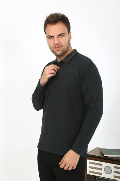 Men's Long Sleeve Polo Neck Cotton Pajama Set (Anthracite) - 10