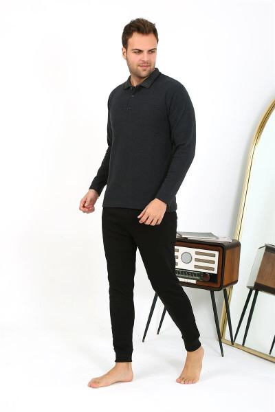 Men's Long Sleeve Polo Neck Cotton Pajama Set (Anthracite) - 12