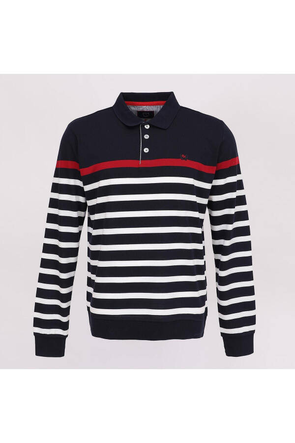 Men's Long Sleeve Polo Neck Striped Sweater - CZT-142 - Navy Blue - 1