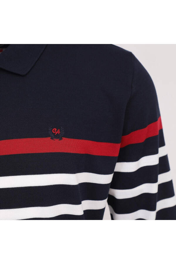 Men's Long Sleeve Polo Neck Striped Sweater - CZT-142 - Navy Blue - 2