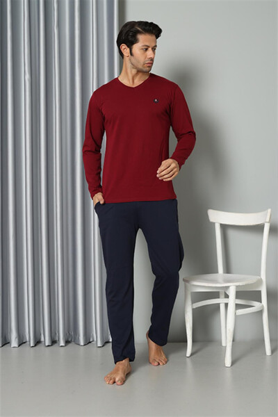 Men's Long Sleeve V-Neck Combed Cotton Claret Red Pajama Set 6843 - 6