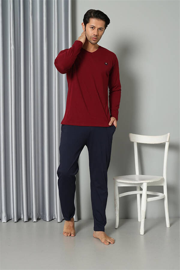 Men's Long Sleeve V-Neck Combed Cotton Claret Red Pajama Set 6843 - 7