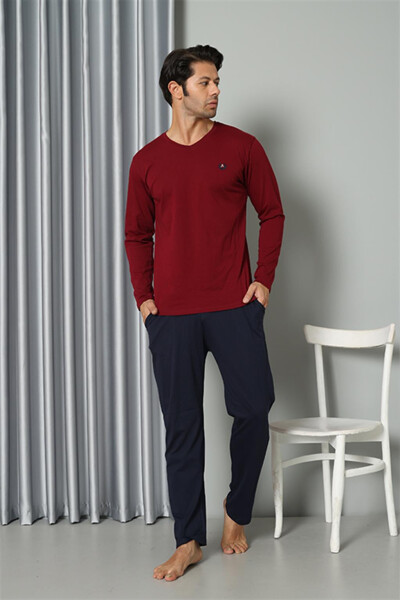 Men's Long Sleeve V-Neck Combed Cotton Claret Red Pajama Set 6843 - 8