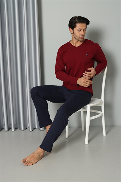 Men's Long Sleeve V-Neck Combed Cotton Claret Red Pajama Set 6843 - 9