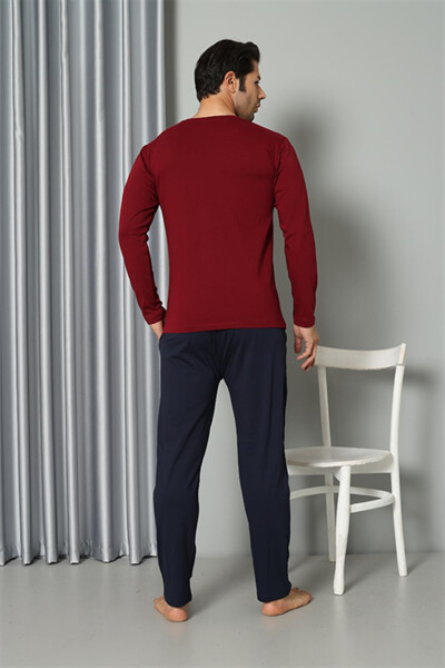 Men's Long Sleeve V-Neck Combed Cotton Claret Red Pajama Set 6843 - 10