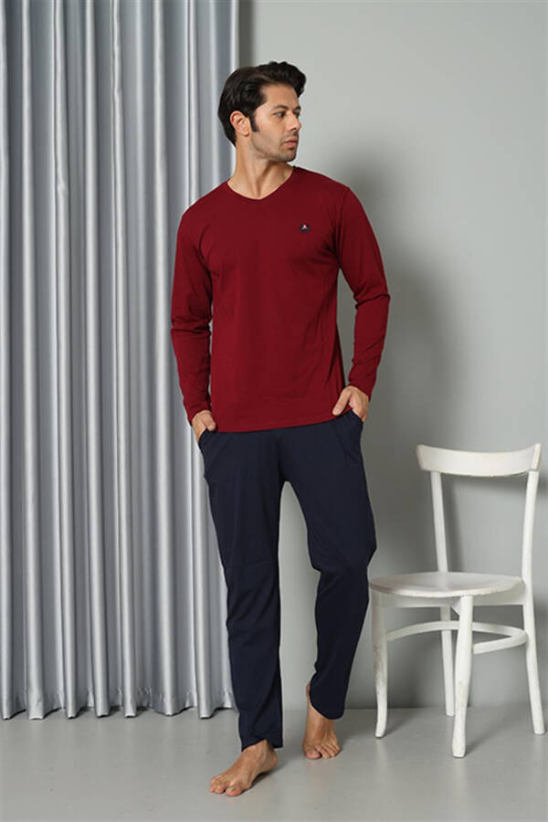 Men's Long Sleeve V-Neck Combed Cotton Claret Red Pajama Set 6843 - 3