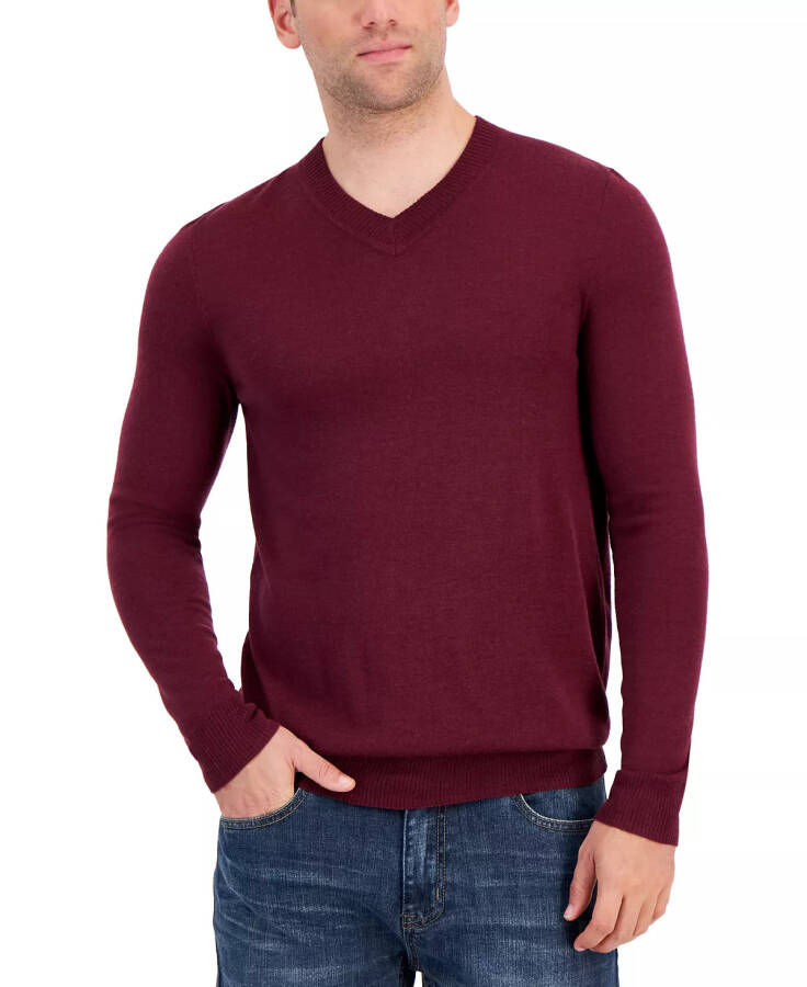 Men's Long-Sleeve V-Neck Merino Sweater, Created for Modazone Maroon Banner - 1