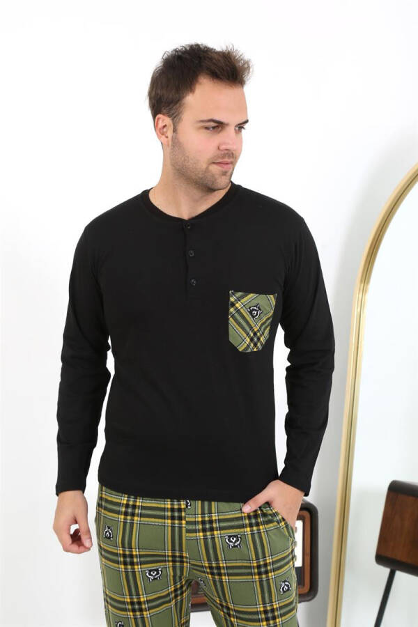 Men's long-sleeved black cotton pajama set - 9