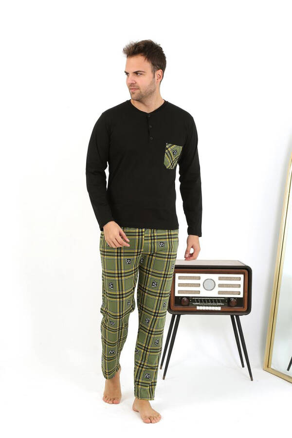 Men's long-sleeved black cotton pajama set - 11