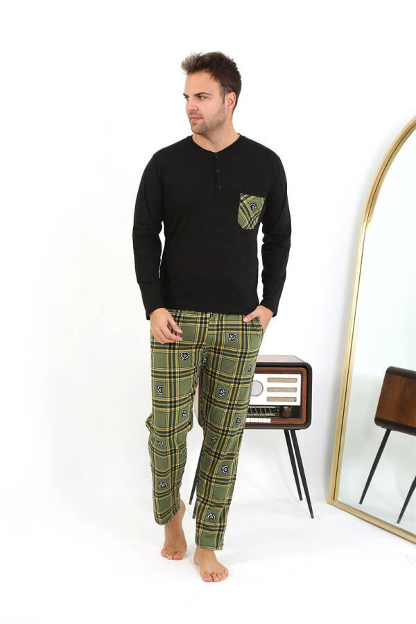 Men's long-sleeved black cotton pajama set - 12