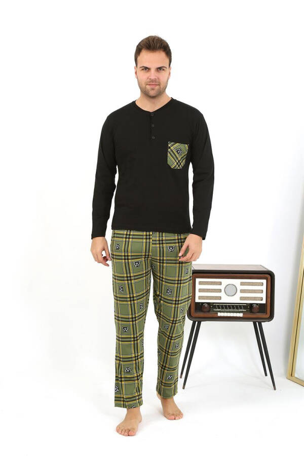 Men's long-sleeved black cotton pajama set - 3