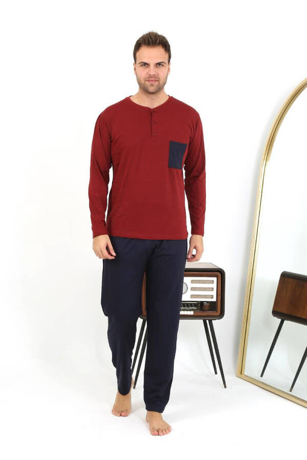 Men's long-sleeved burgundy cotton pajamas - 9