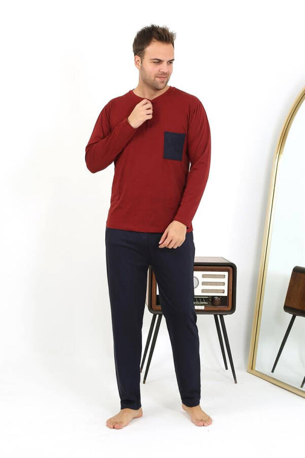 Men's long-sleeved burgundy cotton pajamas - 10