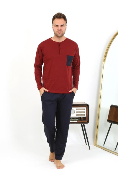 Men's long-sleeved burgundy cotton pajamas - 11