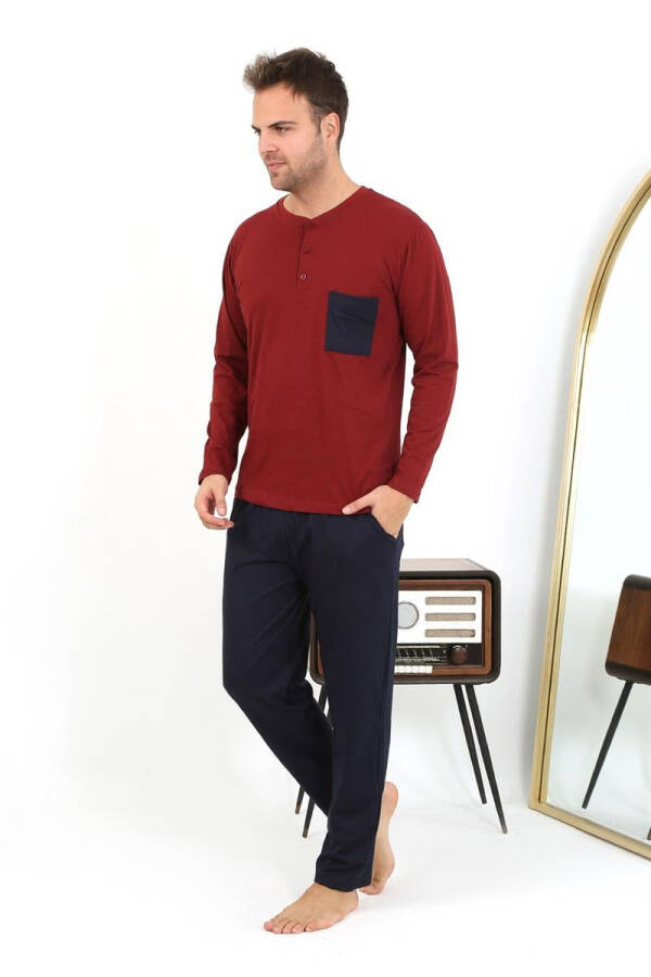 Men's long-sleeved burgundy cotton pajamas - 12