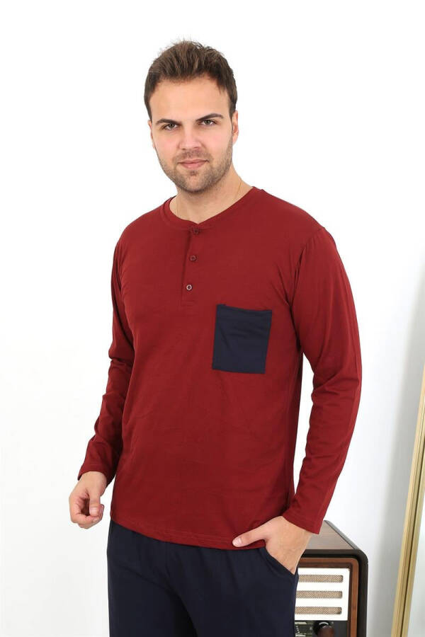 Men's long-sleeved burgundy cotton pajamas - 13