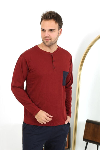 Men's long-sleeved burgundy cotton pajamas - 14