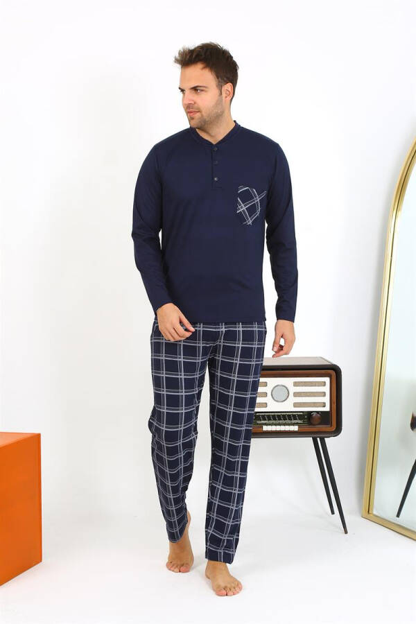 Men's long-sleeved navy cotton pajamas - 10