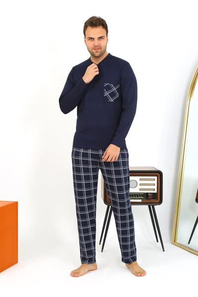 Men's long-sleeved navy cotton pajamas - 11