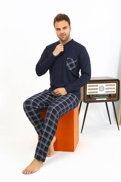 Men's long-sleeved navy cotton pajamas - 12