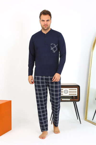 Men's long-sleeved navy cotton pajamas - 13