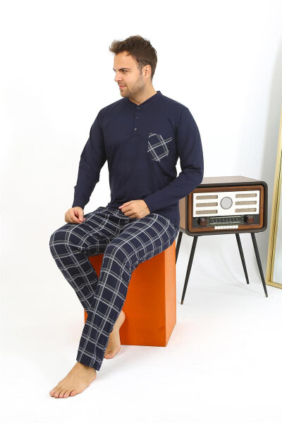 Men's long-sleeved navy cotton pajamas - 14