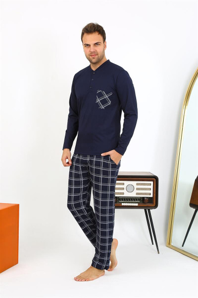 Men's long-sleeved navy cotton pajamas - 15