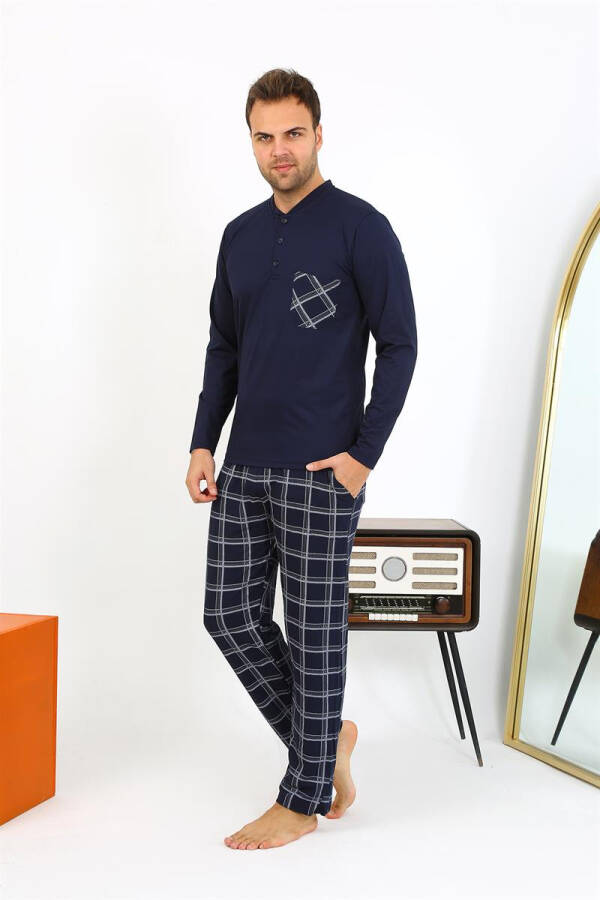 Men's long-sleeved navy cotton pajamas - 15