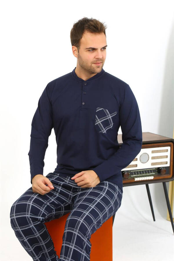 Men's long-sleeved navy cotton pajamas - 16