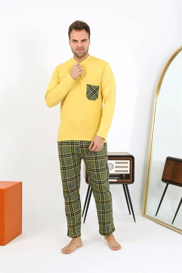 Men's long-sleeved, yellow cotton pajama set. - 9