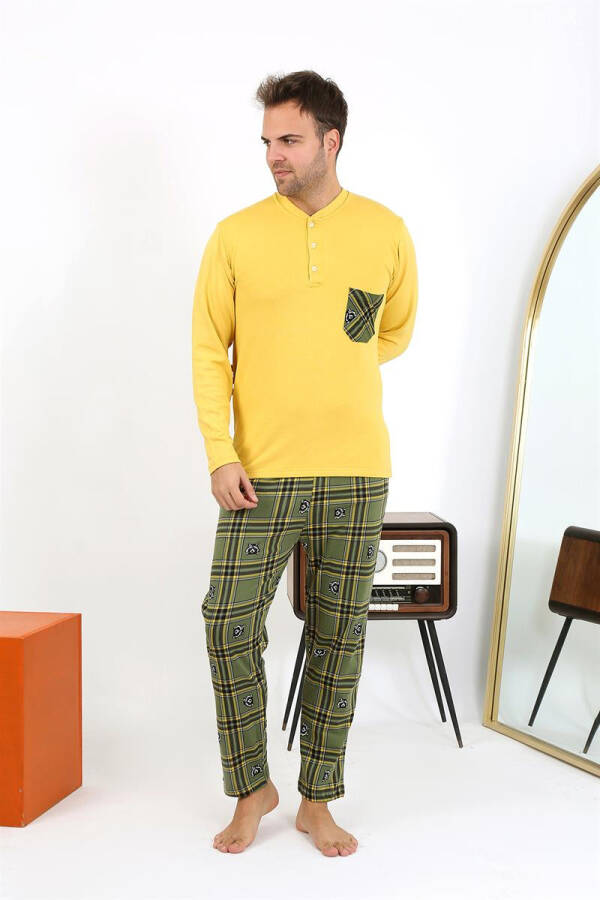 Men's long-sleeved, yellow cotton pajama set. - 10