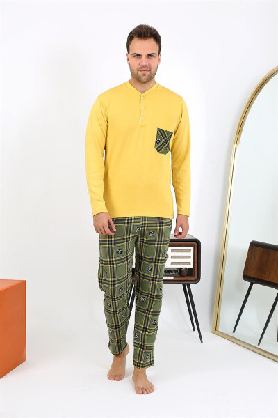 Men's long-sleeved, yellow cotton pajama set. - 11